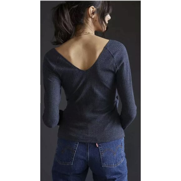 Anthropologie Maeve Dark Gray Ribbed Knit V Neck Top Size XL New NWT RARE HTF - Picture 2 of 7